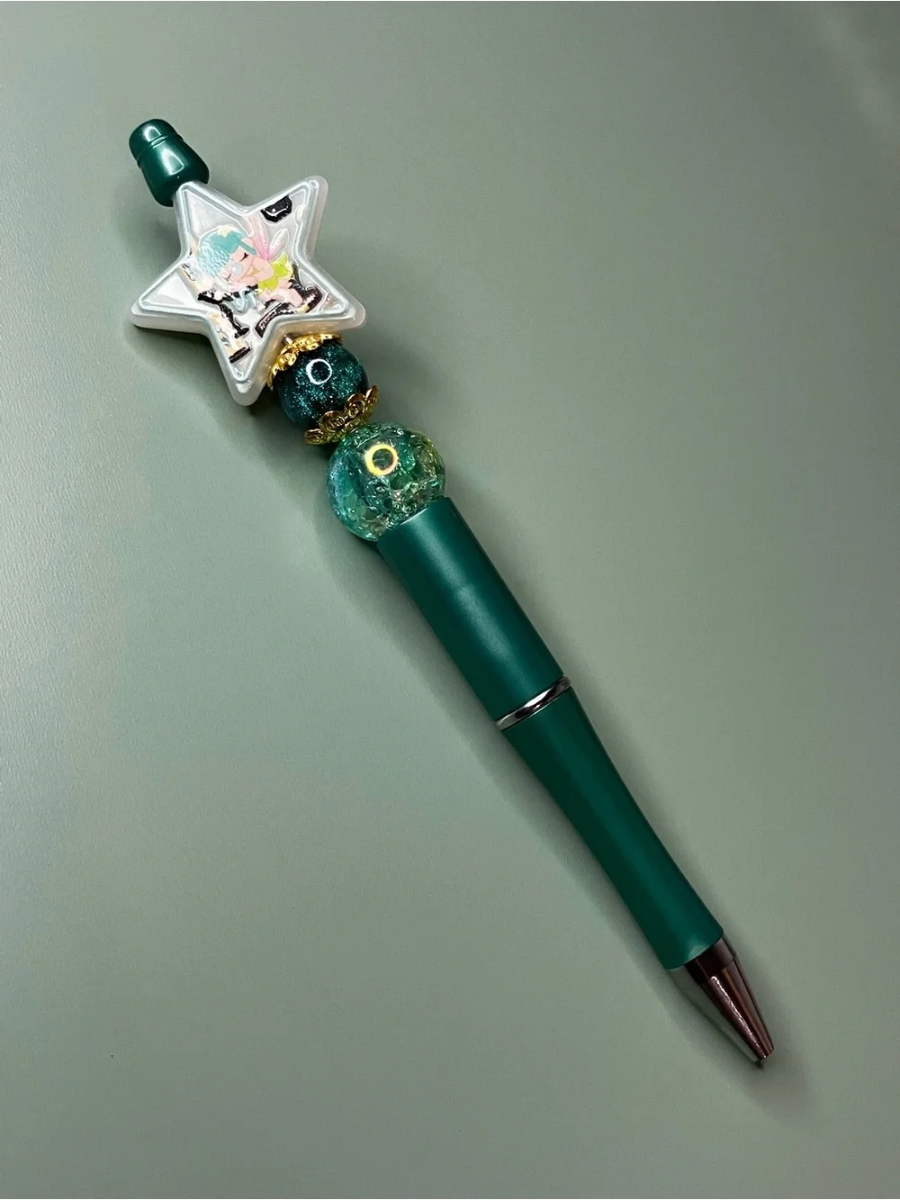 Bubble Fairy Star Handmade Green Beaded Pen
